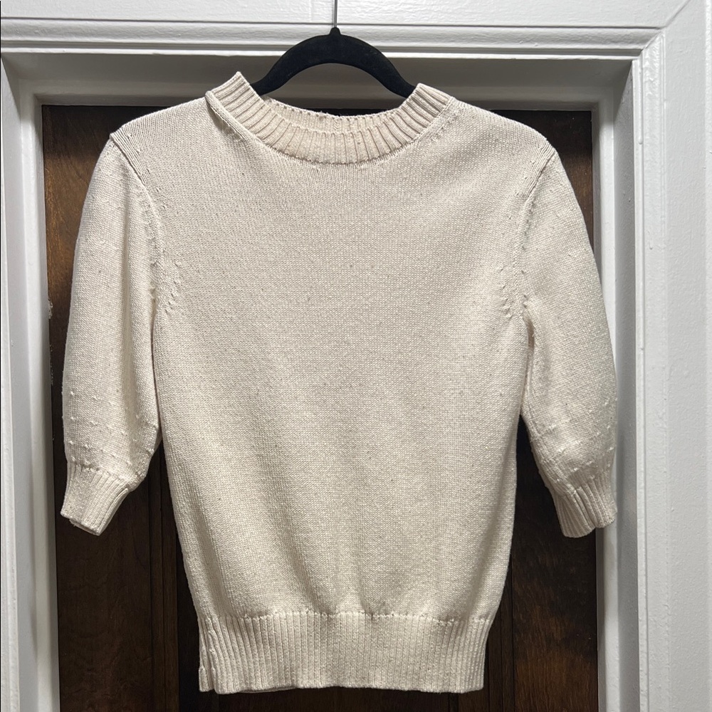 Lafayette 148 New York Cream & Gold 3/4 Sleeve Cotton Silk Blend Sweater, Sz S